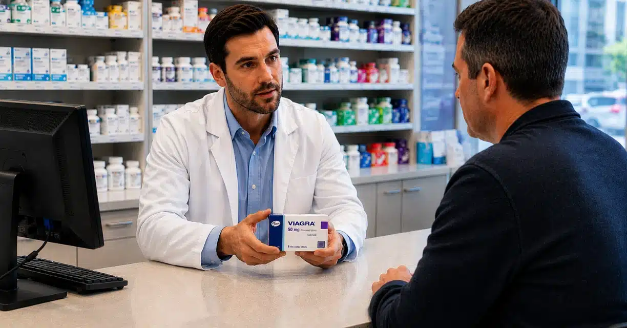 Pharmacist explaining generic Viagra options to man in New York