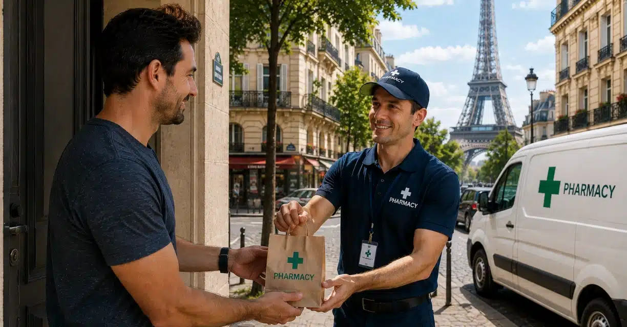 Man receiving generic Viagra from a pharmacy in Paris