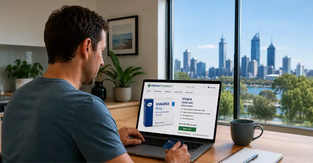 Man buying generic Viagra online with Perth skyline view