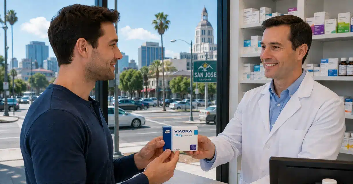 Man receiving generic Viagra from pharmacist in San Jose