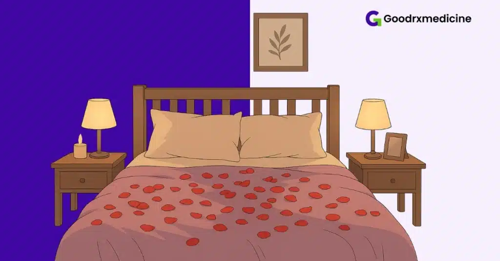 Dimly lit cozy bedroom with rose petals to set a romantic environment