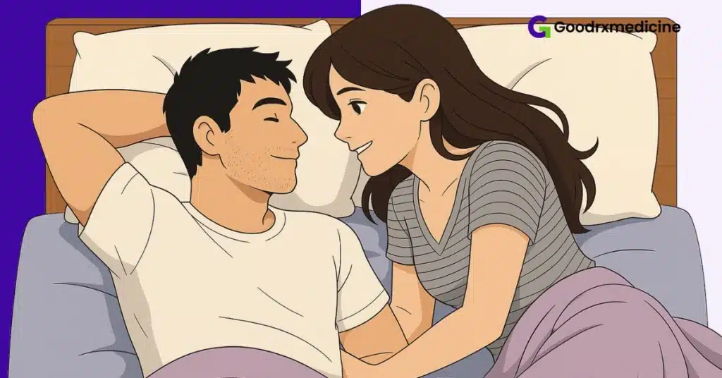 Relaxed couple on a bed creating comfort and closeness before intimacy
