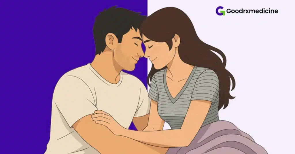 Couple lying close with foreheads touching to show emotional support