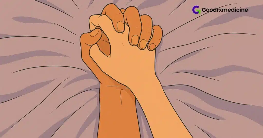 Close-up of couple holding hands on a messy bedsheet to represent blended intimacy