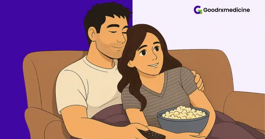 Couple cuddling on the couch watching a movie