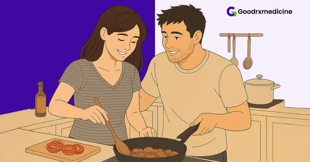 Couple cooking together at home to bring romance back into daily routines