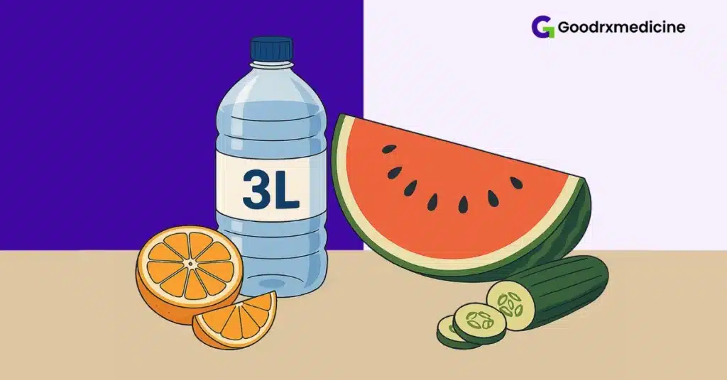 Water bottle marked at 3 liters with fresh fruits on a table