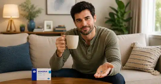 Man holding coffee mug and Viagra pill