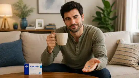 Man holding coffee mug and Viagra pill