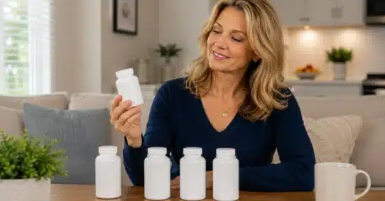 Mature woman comparing menopause libido supplements at home
