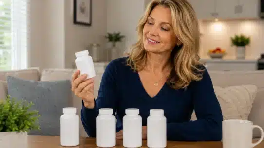 Mature woman comparing menopause libido supplements at home