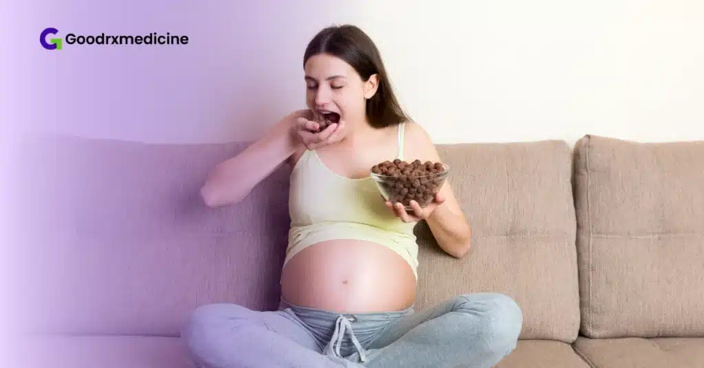 Pregnant women is eating crunchy chocolate