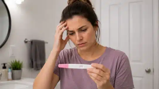 Worried woman checking pregnancy test for possible false positive