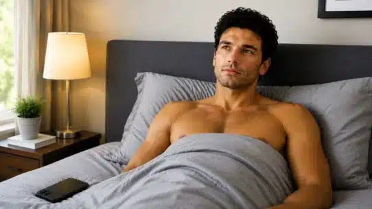 Man lying awake in bed