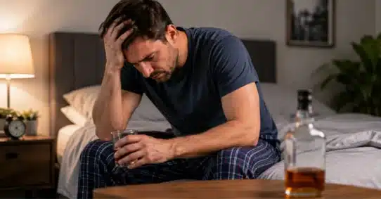Man experiencing alcohol-related erectile dysfunction after drinking whiskey