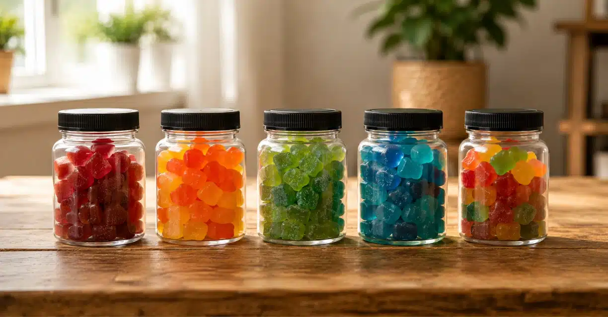 Five jars of colorful CBD gummies for erectile dysfunction safety