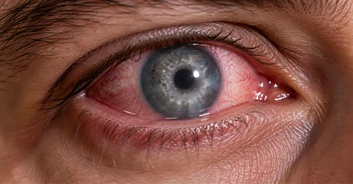 Close-up of inflamed eye with Acanthamoeba keratitis symptoms