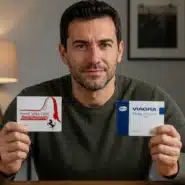 Man comparing Avanafil and Viagra pills for erectile dysfunction treatment