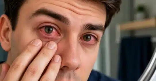 Man examining red eye caused by bacterial infection
