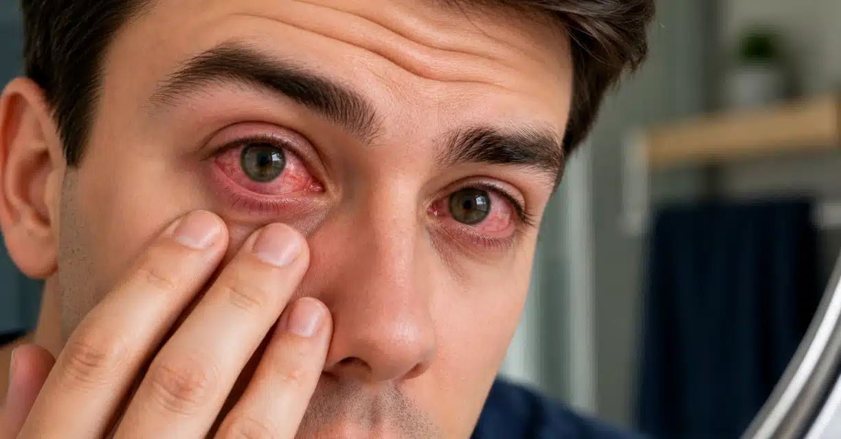 Man examining red eye caused by bacterial infection