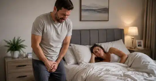Man experiencing burning sensation after ejaculation beside partner