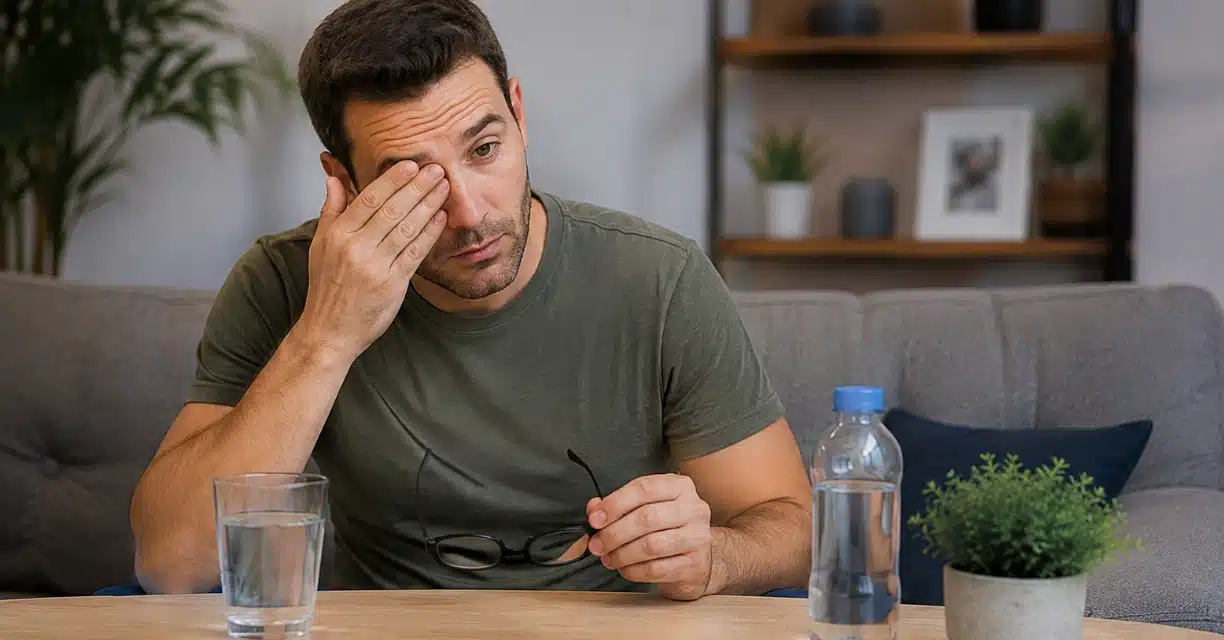 Dehydrated man rubbing eye while holding glasses and water