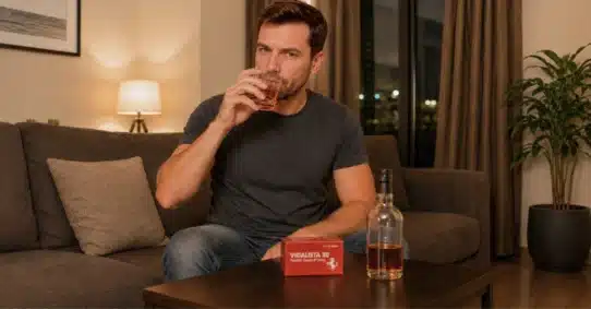 Man drinking alcohol beside Vidalista 20 tablets at home