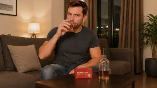 Man drinking alcohol beside Vidalista 20 tablets at home
