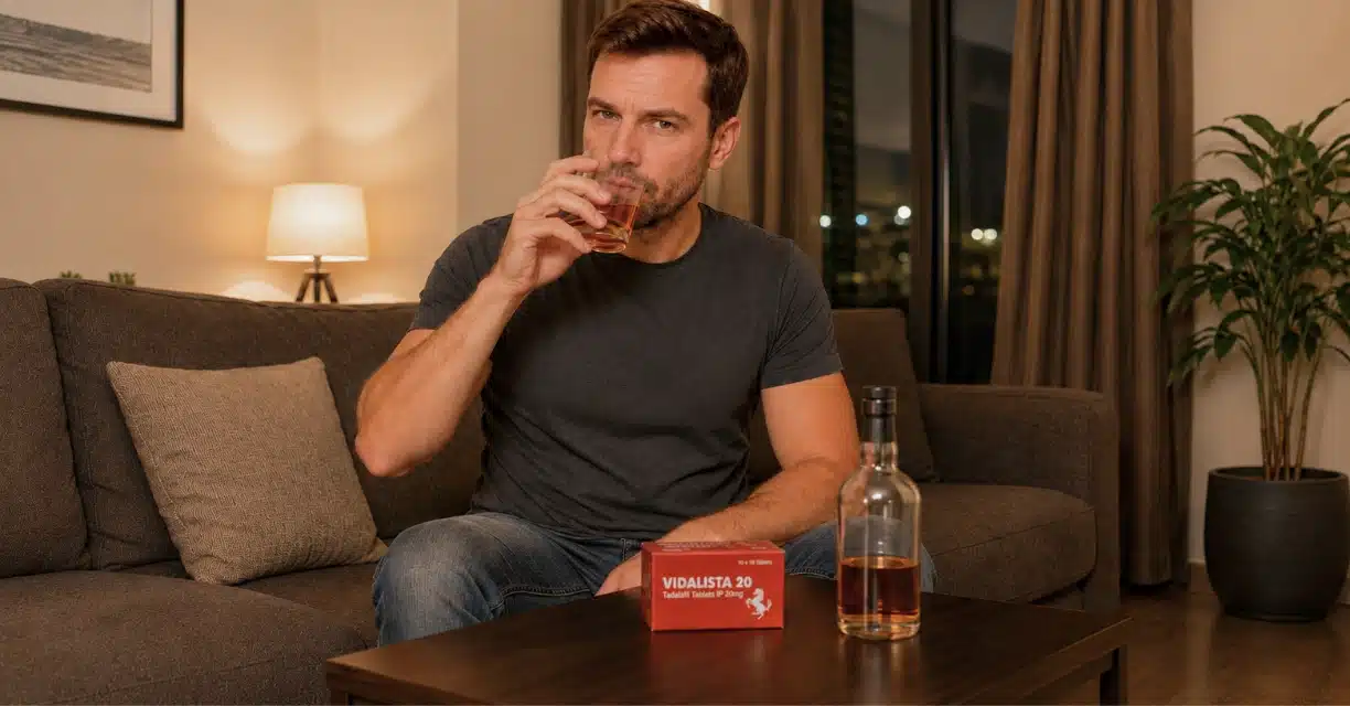 Man drinking alcohol beside Vidalista 20 tablets at home