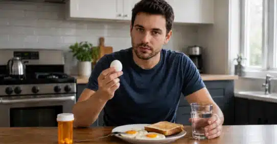 Man holding antibiotic pill beside eggs and water