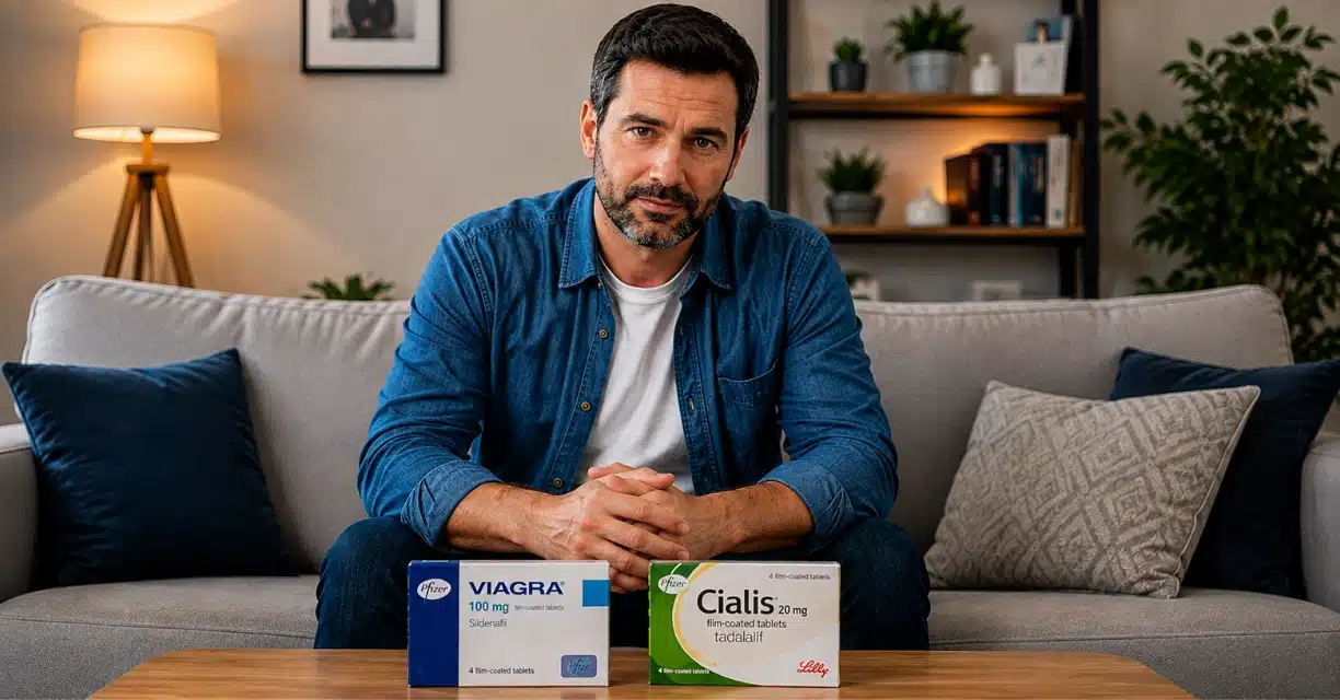 Man comparing Viagra and Cialis while considering dependence risks