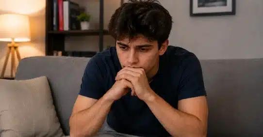Worried young man considering masturbation-related erectile dysfunction