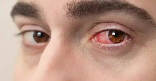 Close-up of irritated pink eye and blurred vision risk