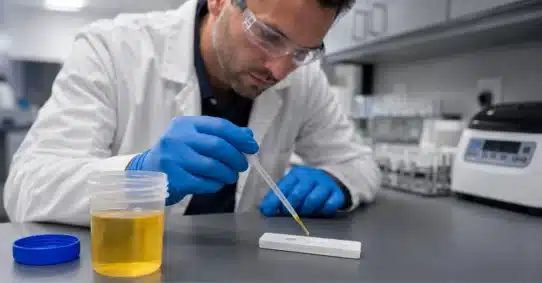 Laboratory technician testing urine for sildenafil drug screen results