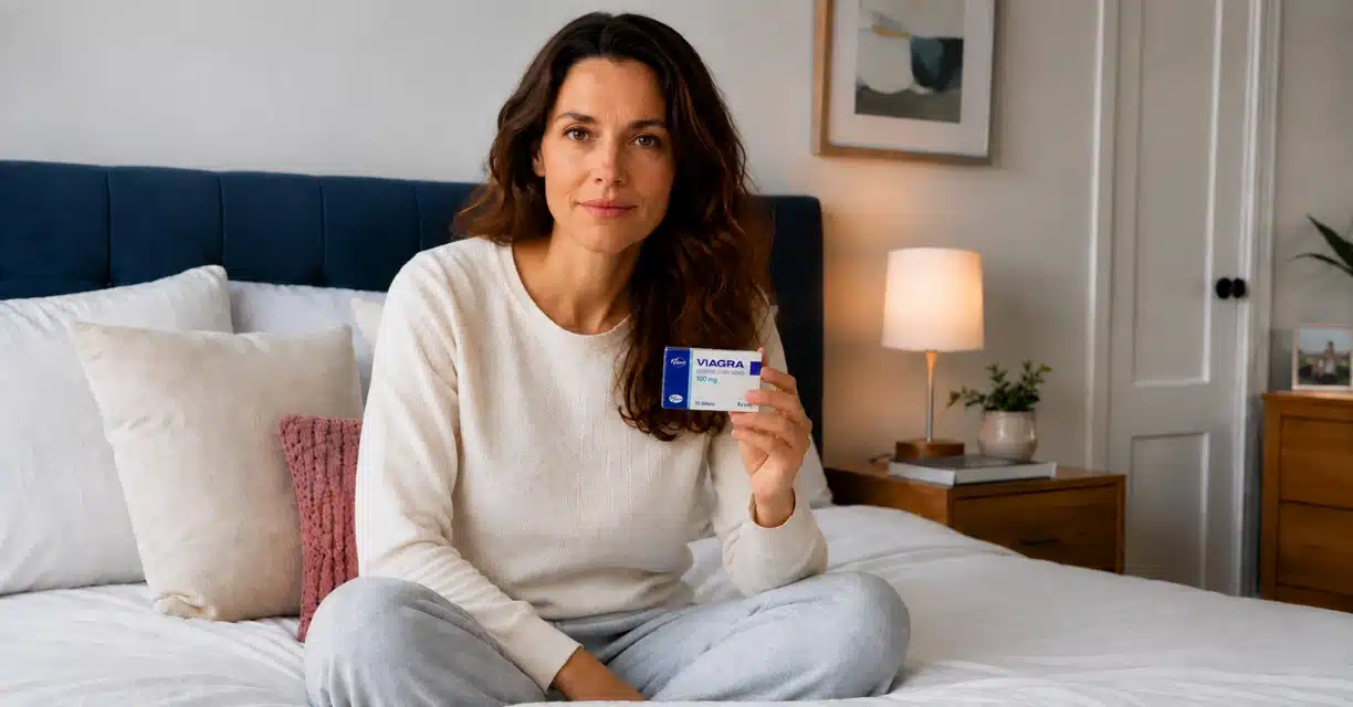 Woman holding Viagra while considering female sexual dysfunction treatment