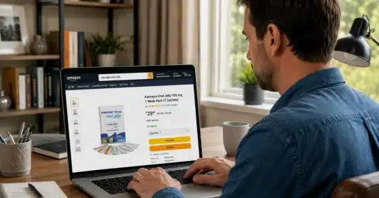 Man viewing Kamagra Oral Jelly listing on Amazon