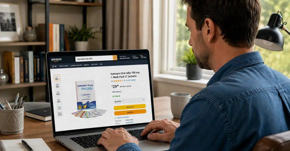 Man viewing Kamagra Oral Jelly listing on Amazon