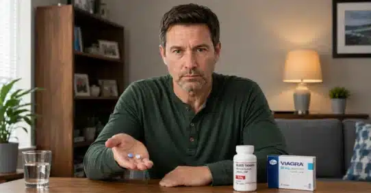 Man holding blood thinner pills beside Viagra box