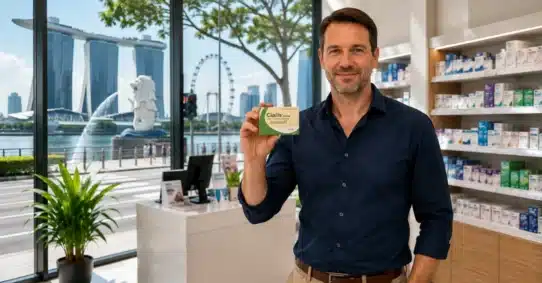 Man holding Cialis inside Singapore pharmacy near Marina Bay