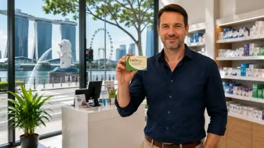 Man holding Cialis inside Singapore pharmacy near Marina Bay