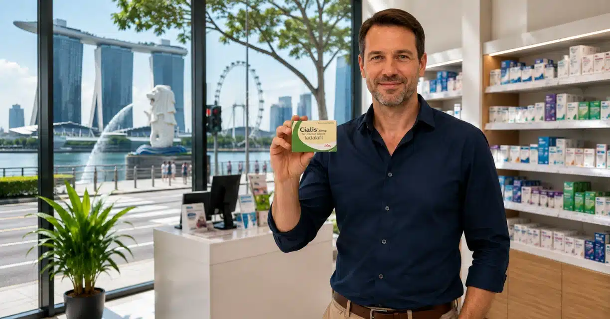 Man holding Cialis inside Singapore pharmacy near Marina Bay