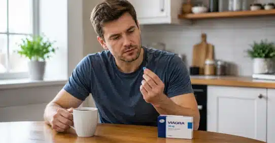 Man comparing Viagra pill with coffee before combining them