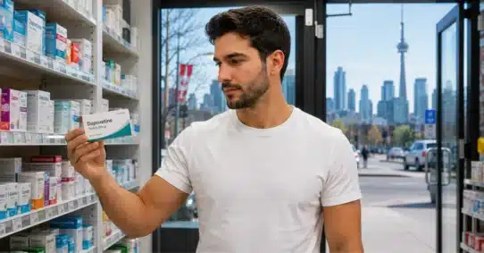 Man checking dapoxetine package inside a Toronto pharmacy
