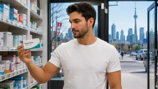 Man checking dapoxetine package inside a Toronto pharmacy