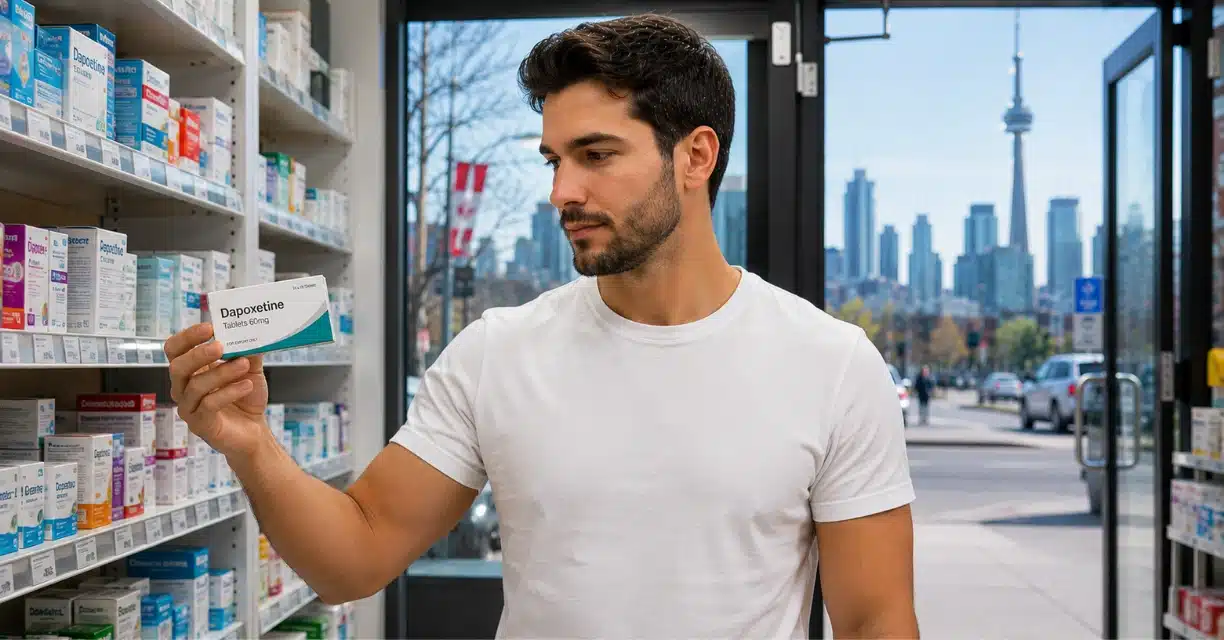 Man checking dapoxetine package inside a Toronto pharmacy