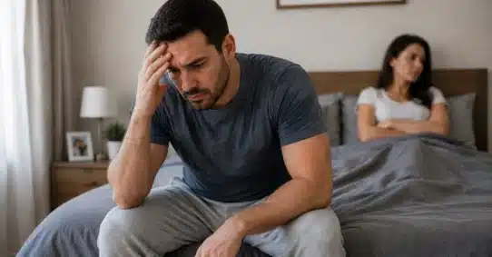 Distressed man with delayed ejaculation beside frustrated partner