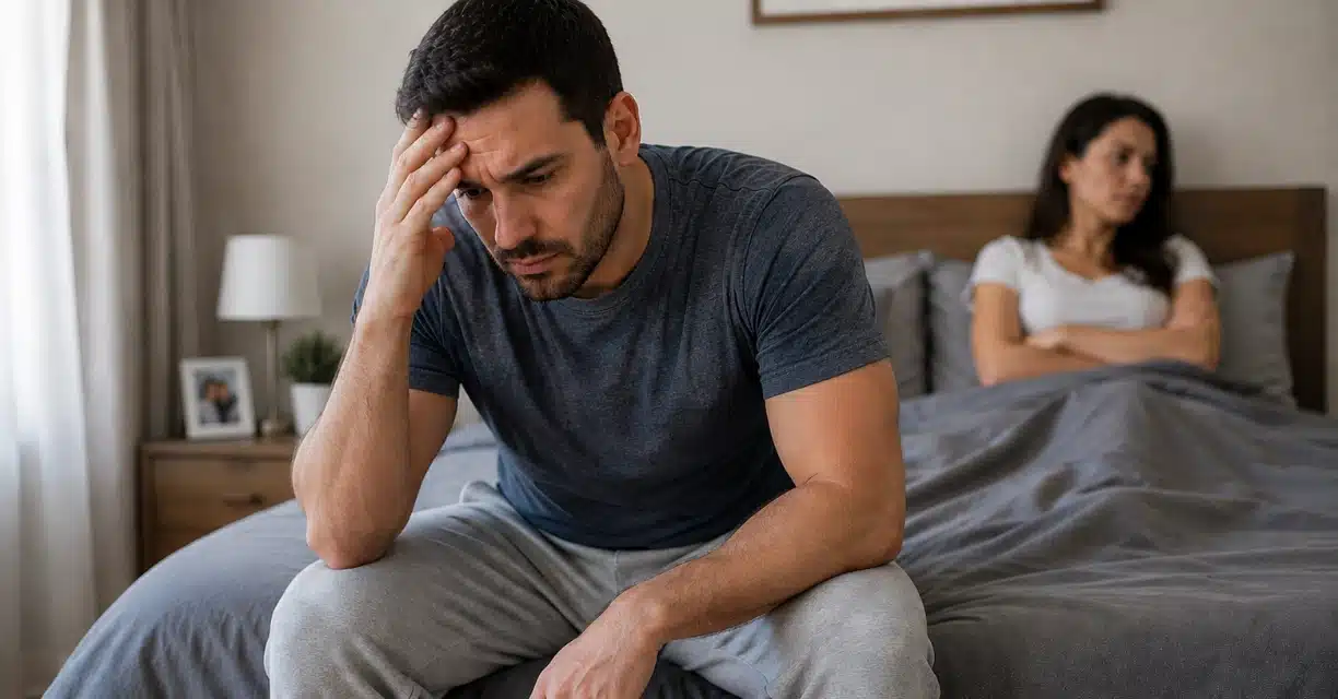 Distressed man with delayed ejaculation beside frustrated partner