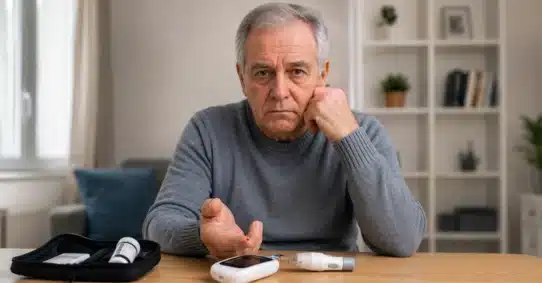 Older man checking blood sugar with diabetes testing supplies