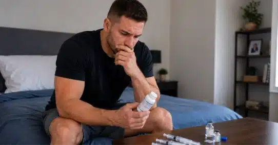 Concerned man holding steroid bottle beside injectable supplies