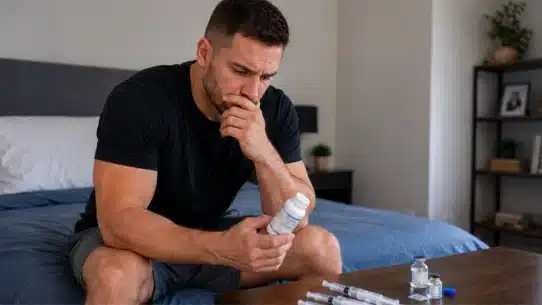 Concerned man holding steroid bottle beside injectable supplies